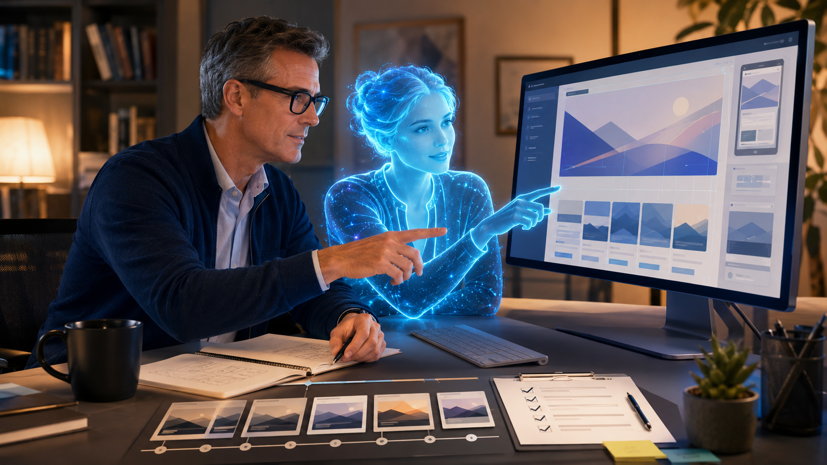 Craig, wearing thick black-rimmed glasses, and a glowing blue AI collaborator point toward a website layout displayed on a large monitor.